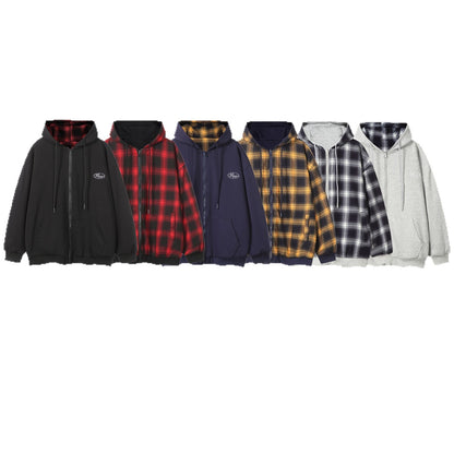 Unisex Oversize Hoodie Zipper Jacket with Checkered Hood Lining and Kangaroo Pockets EVA-US