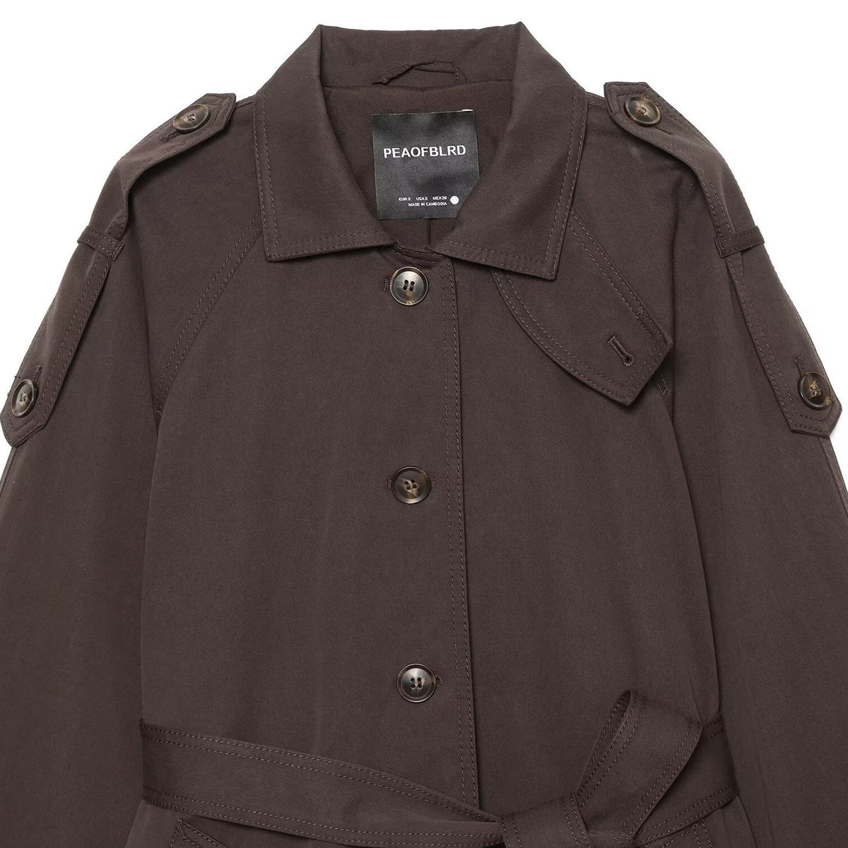 Women Short Trench Cape with Waist Belt, Epaulettes and Patch Pockets EVA-US