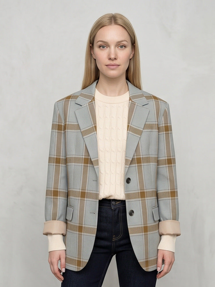 Ladies Oversized Check Blazer in Glencheck with Boxy Silhouette and Dropped Lapels EVA-US