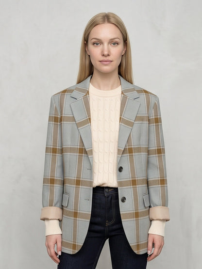 Ladies Oversized Check Blazer in Glencheck with Boxy Silhouette and Dropped Lapels EVA-US