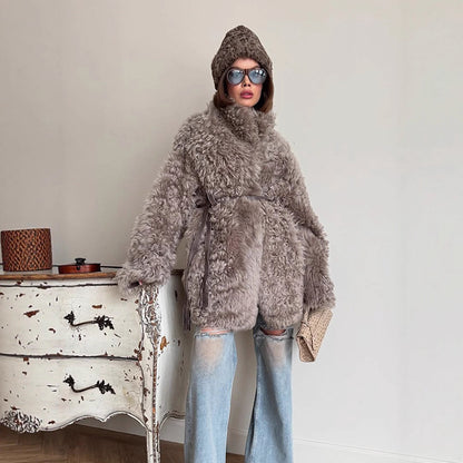 Women Oversize Faux Fur Coat with Curly Teddy Look and Wide Boxy Silhouette EVA-US