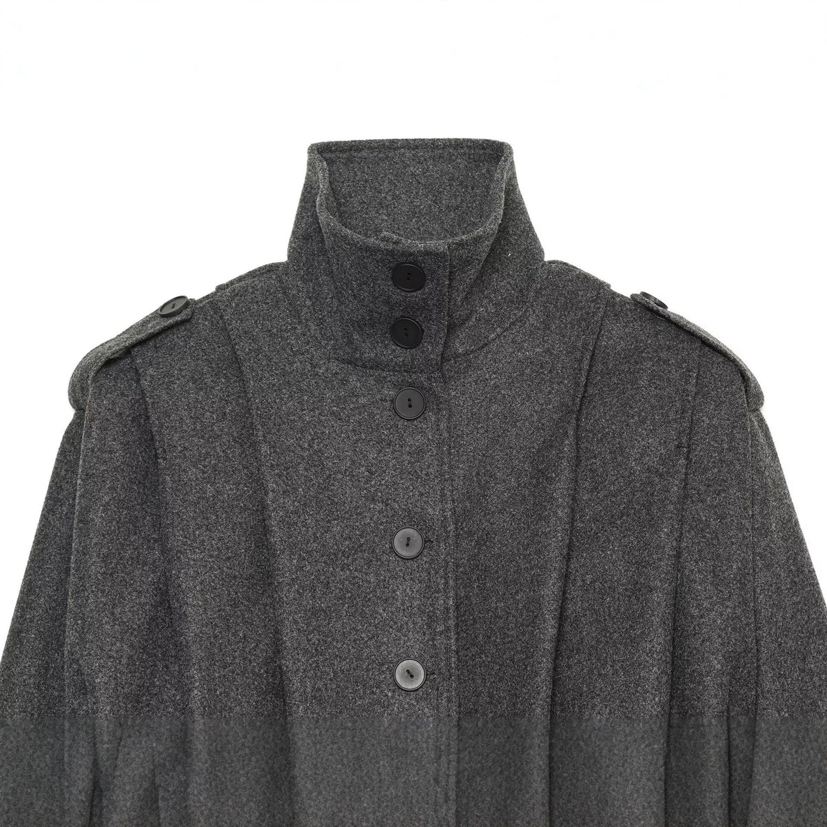 Women's Cropped Cape Jacket with High Stand Collar, Shoulder Straps and Continuous Button Placket EVA-US
