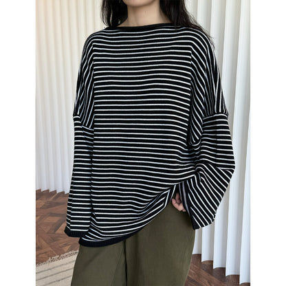 Women's Striped Oversize Knit Sweater with Short Stand-Up Collar EVA-US