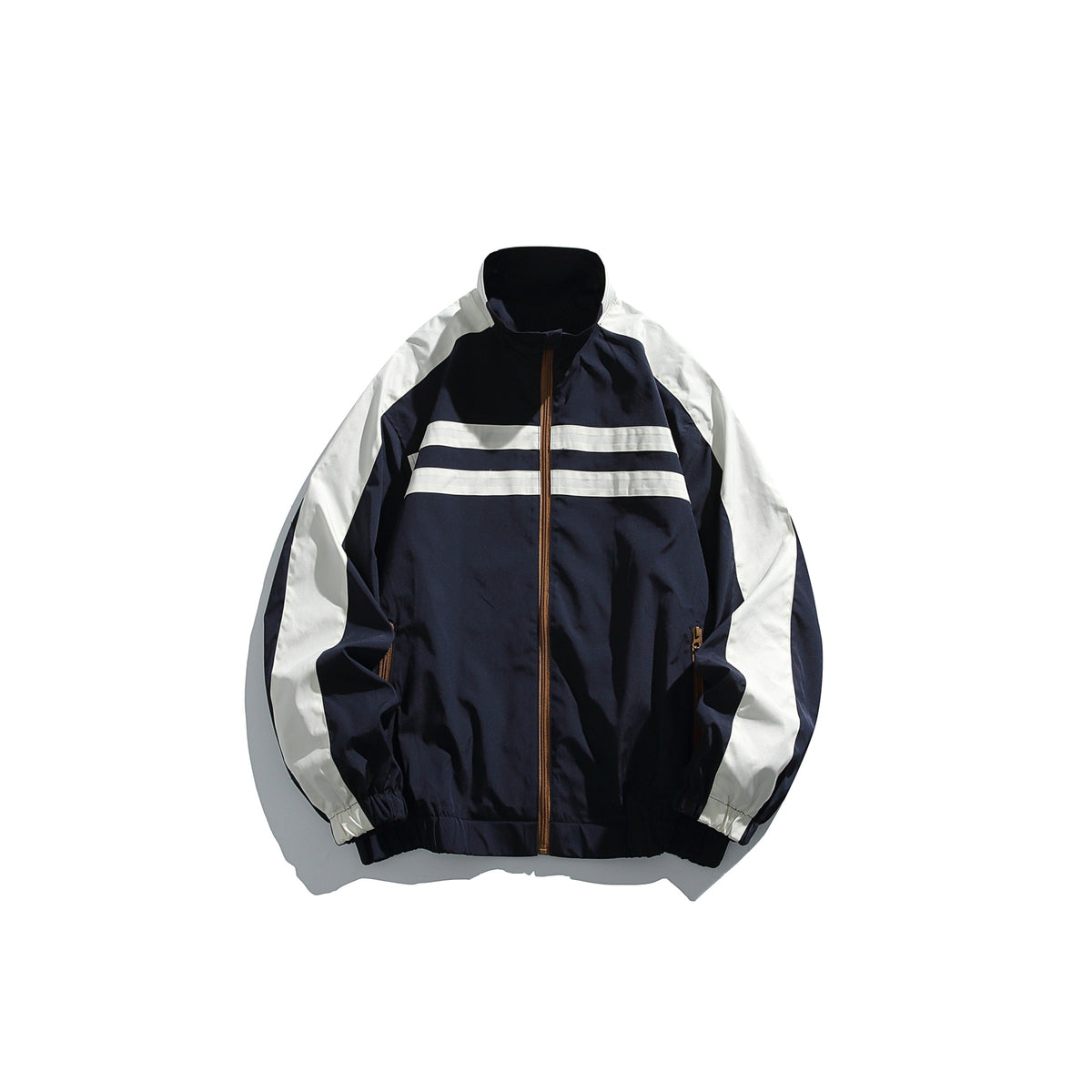 Unisex Sporty Track Jacket in Retro Windbreaker Design with Stand-up Collar and Contrast Stripes EVA-US