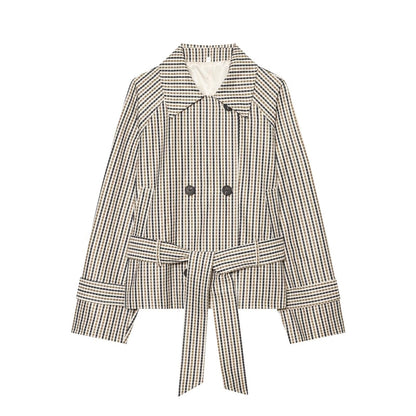 Women Short Tailored Double-Breasted Trench Coat with Check Pattern and Belt EVA-US