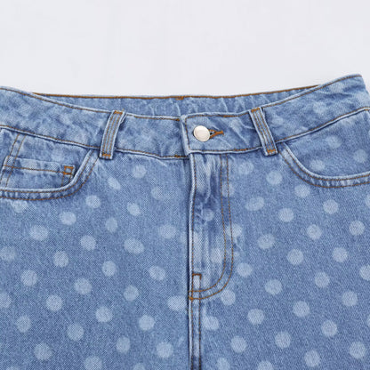 Women Short-Cut Wide-Leg Jeans with Polka Dot Pattern and High Waist EVA-US