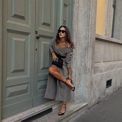 Women's Off-Shoulder Trench Dress with Double-Breasted Button Placket and Fitted Patent Belt EVA-US