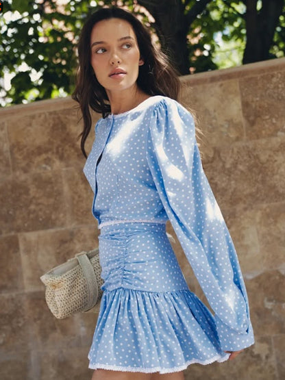 Women's Playful Polka Dot Two-Piece with Ruffled Mini Skirt and Puff Sleeves EVA-US