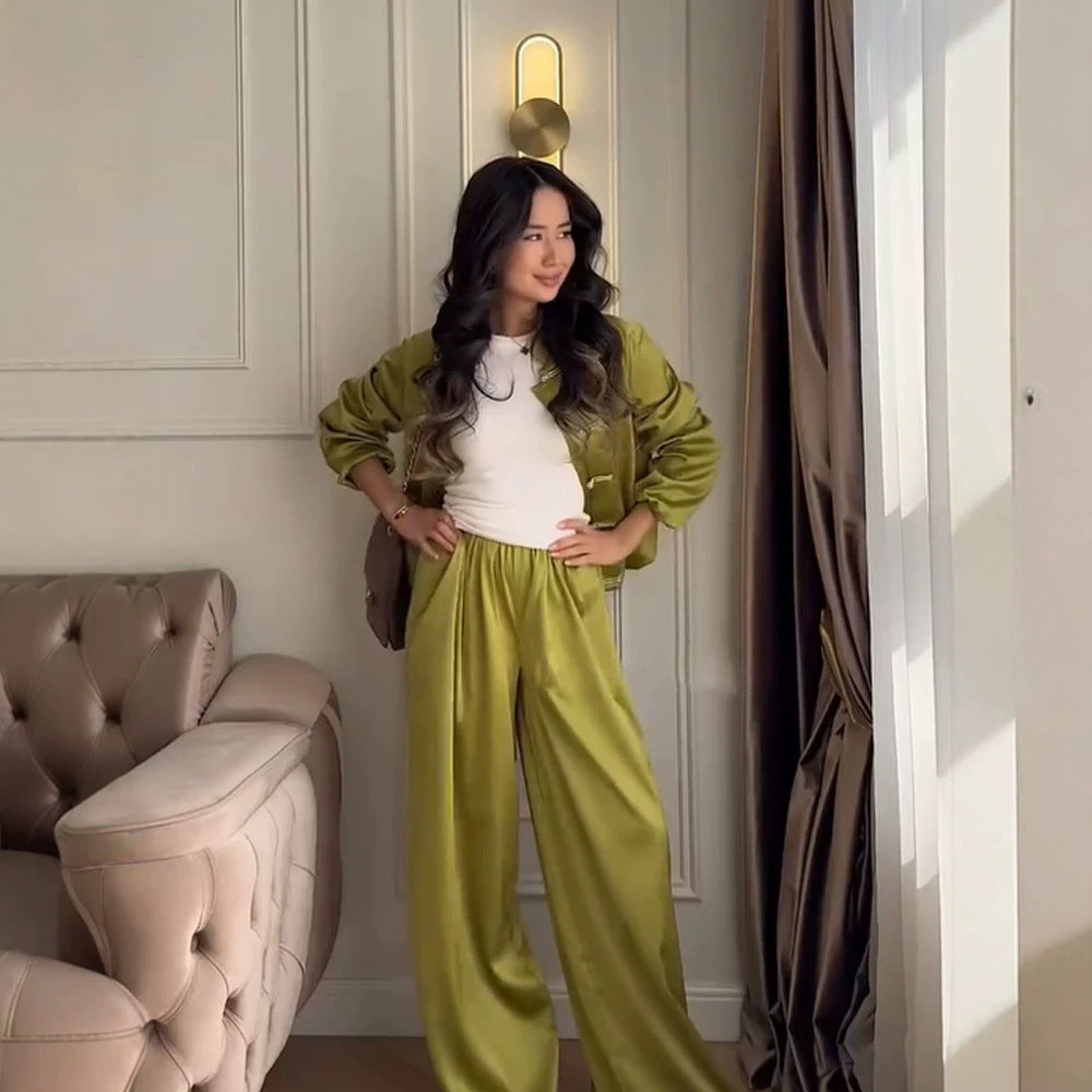 Women Satin Two-Piece with traditional toggle closures and wide pant skirt EVA-US