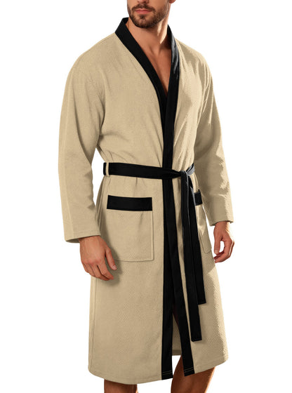 Men's lightweight cotton kimono bathrobe with waffle texture and patch pockets EVA-US