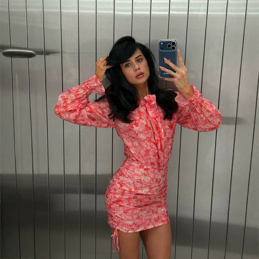 Women's Floral Chiffon Mini Dress with Bow Collar, Sheer Volume Sleeves and Side Gathering EVA-US