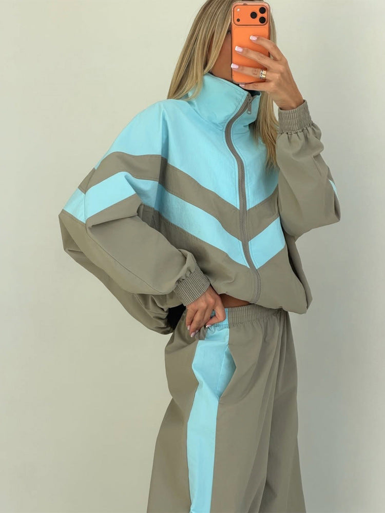 Women's Oversize Tracksuit Set with Stand Collar and Contrast Stripes EVA-US