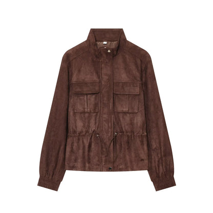 Ladies short jacket in field style made of suede leather look with stand-up collar, chest pockets, and drawstring EVA-US