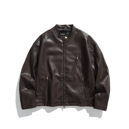 Men's leather-look bomber jacket with stand-up collar, angled zip pockets and minimalist seam design EVA-US