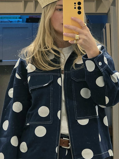 Women's wide cargo pants with high waist, polka dot print and visible contrast stitching EVA-US