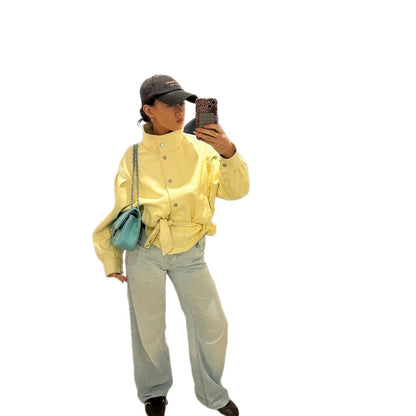 Women's Short Tailored Jacket with Stand Collar, Puff Sleeves and Tie Belt EVA-US