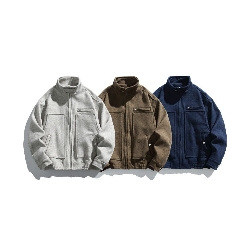 Men's short-cut boxy wool blend blouson with stand-up collar, elastic hem, and zippered chest pocket EVA-US