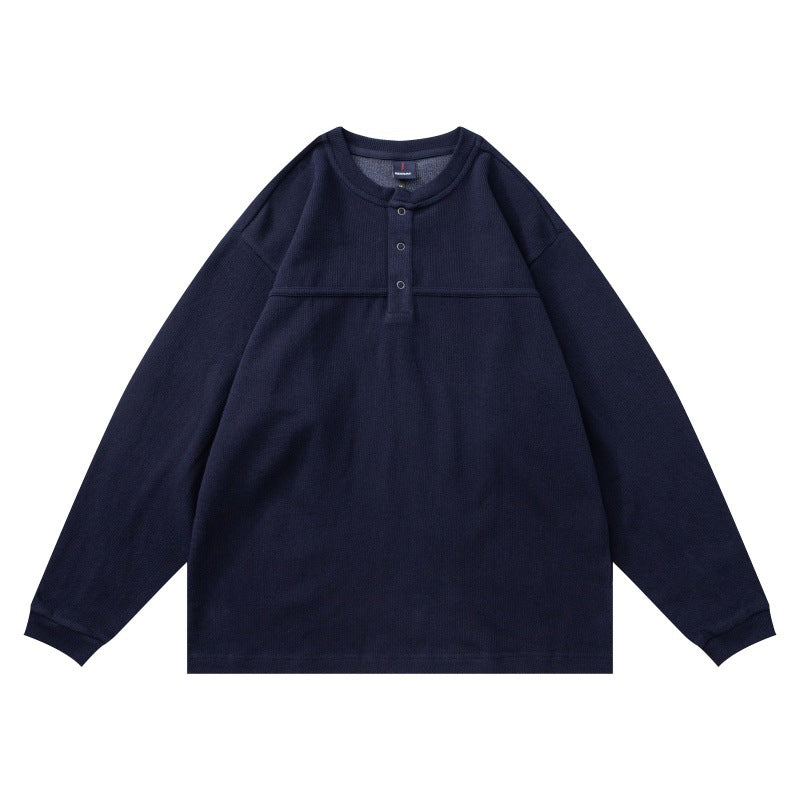 Unisex Structured Henley Long Sleeve with Waffle Texture, Half Placket and Drop Shoulder EVA-US