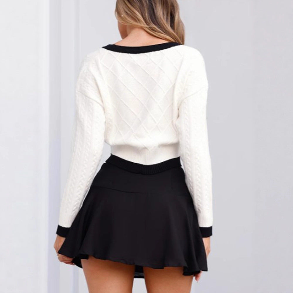 Women Short Cropped Cardigan with V-Neck, Cable Knit Pattern and Contrast Trims EVA-US