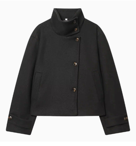 Women's 9800+ short boxy wool blend jacket with high funnel collar, asymmetrical button placket and adjustable cuffs EVA-US