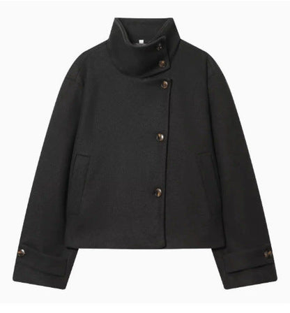 Women's 9800+ short boxy wool blend jacket with high funnel collar, asymmetrical button placket and adjustable cuffs EVA-US