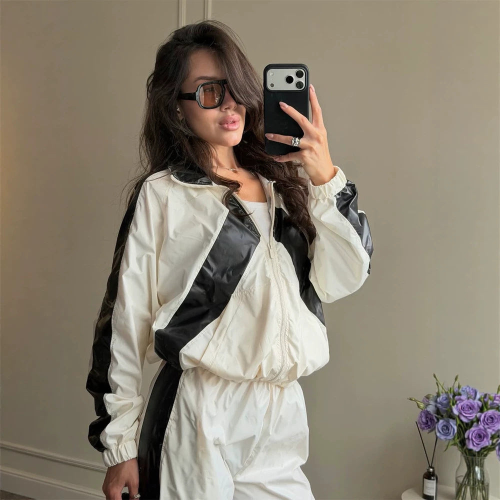 Ladies Sportives Nylon Set with Boxy Zip Jacket and High-Waist Jogger EVA-US