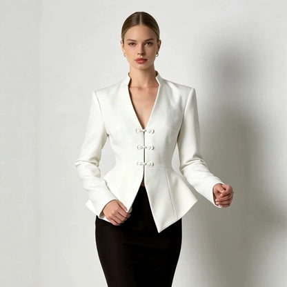 Women's Tailored Peplum Blazer with Mandarin Collar and Decorative Knot Fastenings EVA-US