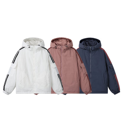 Unisex Short Boxy Padded Hooded Jacket with Sleeve Utility Pocket and Side Insertion Pockets EVA-US