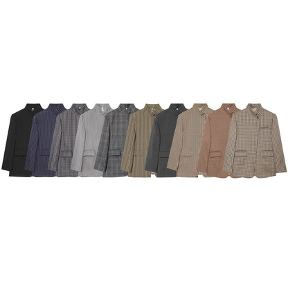 Women Checked Long Blazer with Stand Collar, Concealed Button Placket and Flap Pockets EVA-US