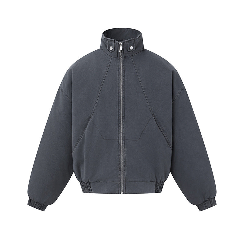 Unisex Boxy-Canvas-Bomber Jacket with High Stand-Up Collar, Diagonal Seam Design and Elastic Hem EVA-US