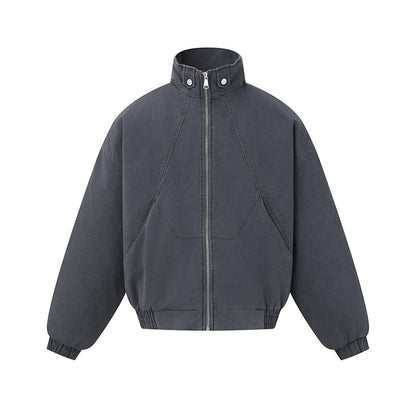 Unisex Boxy-Canvas-Bomber Jacket with High Stand-Up Collar, Diagonal Seam Design and Elastic Hem EVA-US