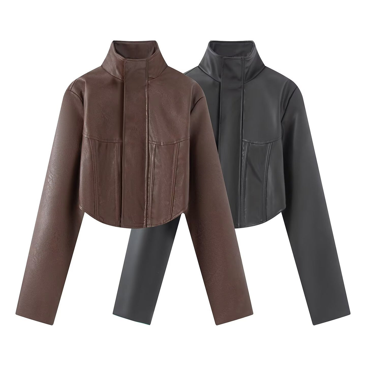 Ladies Cropped Leather-look Jacket with Tailored Corset Division and Standing Collar EVA-US