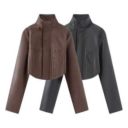 Ladies Cropped Leather-look Jacket with Tailored Corset Division and Standing Collar EVA-US