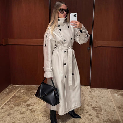 Women’s Long Trench Coat with High Standing Collar, Double-Breasted Button Placket and Wide Cuffs EVA-US