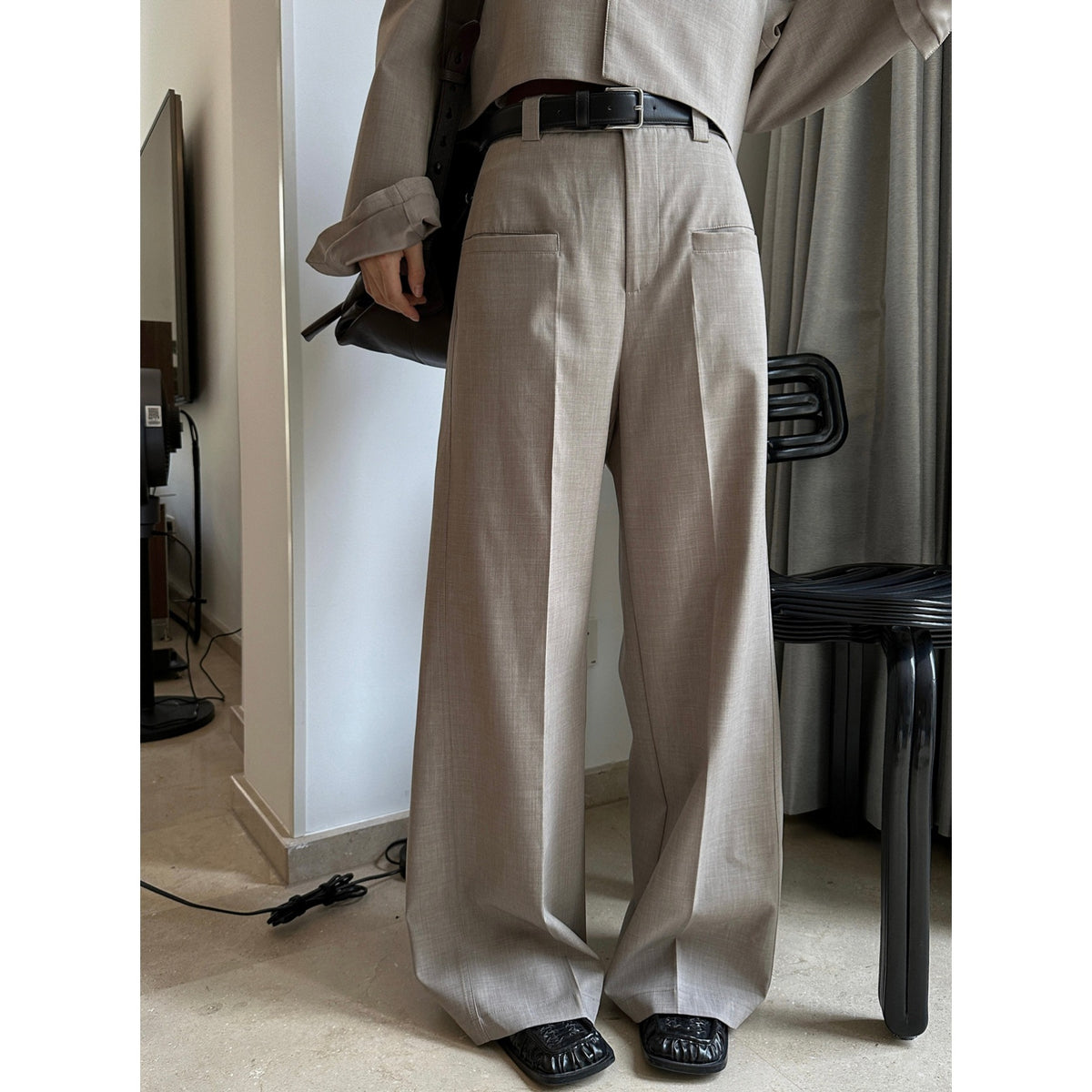 Women High-waisted Pleated Palazzo Pants with Sewn-in Side Pockets EVA-US