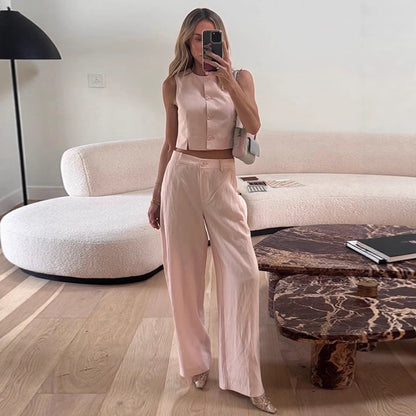 Women High-waisted wide summer trousers with crease and patch pockets EVA-US