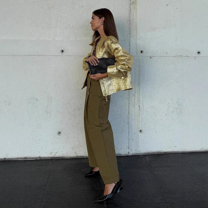 Women Short Textured Metallic Bomber Jacket with Boxy Silhouette EVA-US