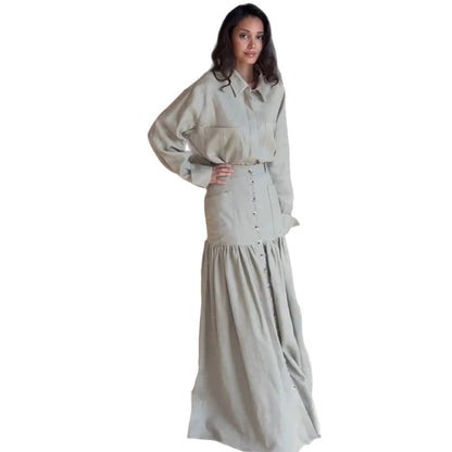 Women Two-Piece Oversized Shirt and Maxi Skirt Set with High Waist & Continuous Button Placket EVA-US