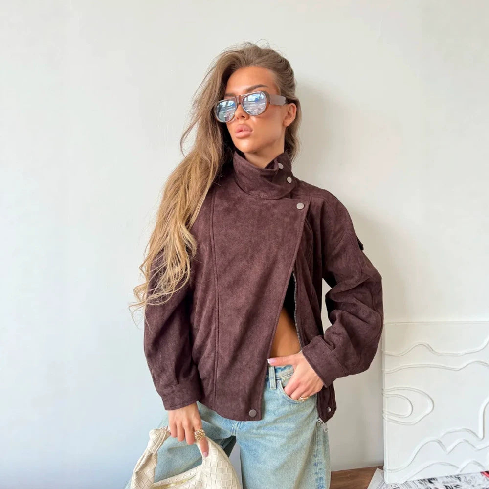 Women Oversize Suede-Look Biker Jacket with High Stand-Up Collar EVA-US