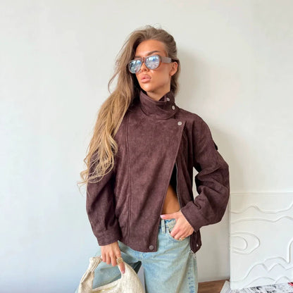 Women Oversize Suede-Look Biker Jacket with High Stand-Up Collar EVA-US