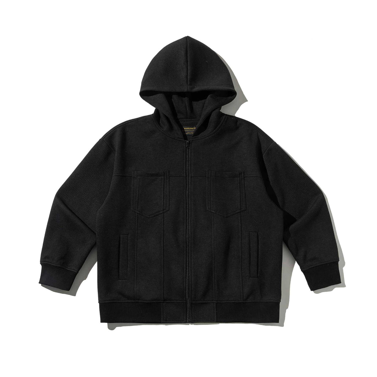 Unisex Textured Hooded Zip Jacket with Waffle Structure and Front Pockets EVA-US