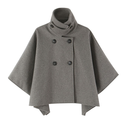 Women's Wool Look Cape with Double-Breasted Button Placket, High Stand Collar and Boxy Silhouette EVA-US