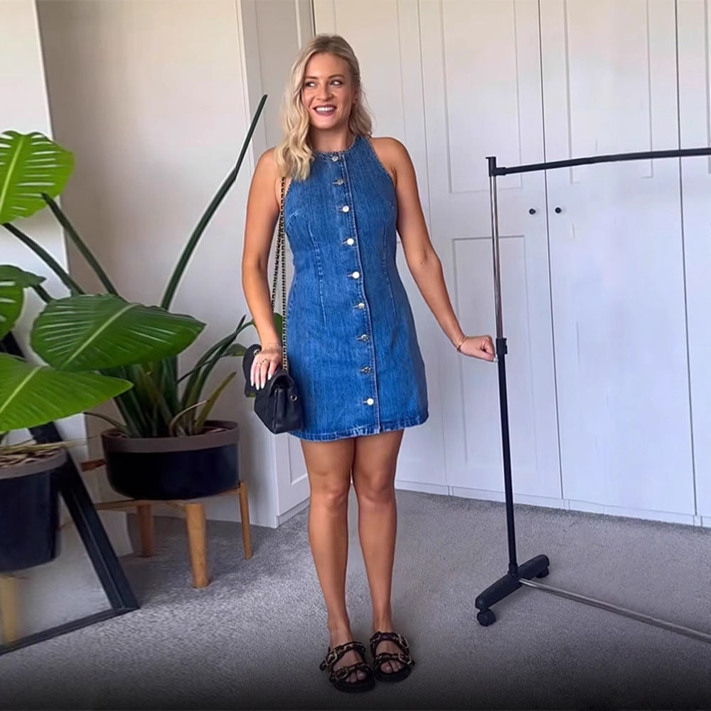 Women's Form-Fitting Sleeveless Denim Mini Dress with Center Button Placket EVA-US