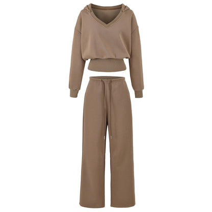Women's Comfort Lounge Set with Short V Hooded Sweatshirt and High-Cut Wide-Leg Joggers EVA-US