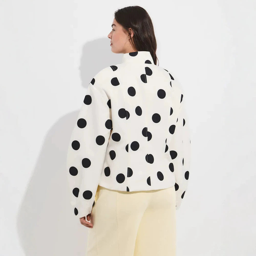 Women's Polka Dot Stand Collar Blouse with Oversized Sleeves and Boxy Cropped Silhouette EVA-US