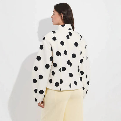 Women's Polka Dot Stand Collar Blouse with Oversized Sleeves and Boxy Cropped Silhouette EVA-US