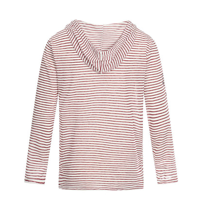 Women's Lightweight Hooded Long Sleeve with V-Neck, Striped Pattern and Vintage Print EVA-US