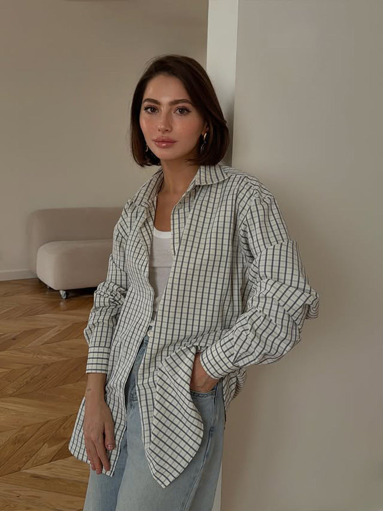 Ladies Checkered Oversized Shirt with Extended Hem EVA-US