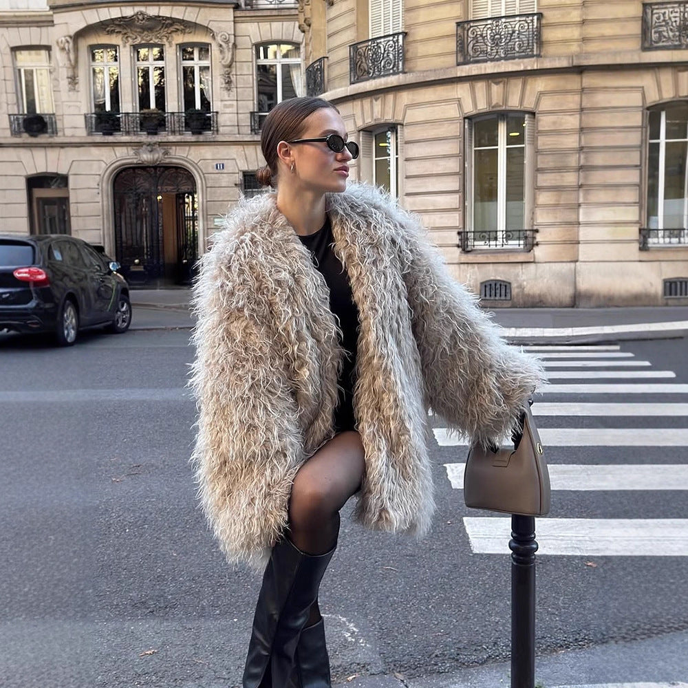 Women Oversize Curly Faux Fur Coat in Shaggy Look EVA-US