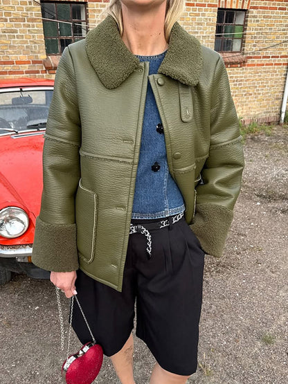Ladies Short Aviator-Style Bomber Jacket with Teddy Lining and Boxy Silhouette EVA-US